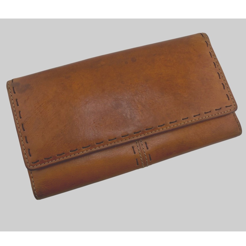 Fossil Tan Leather Tri-Fold Clutch Wallet Whipstitch Detail Brown Boho 7x4"